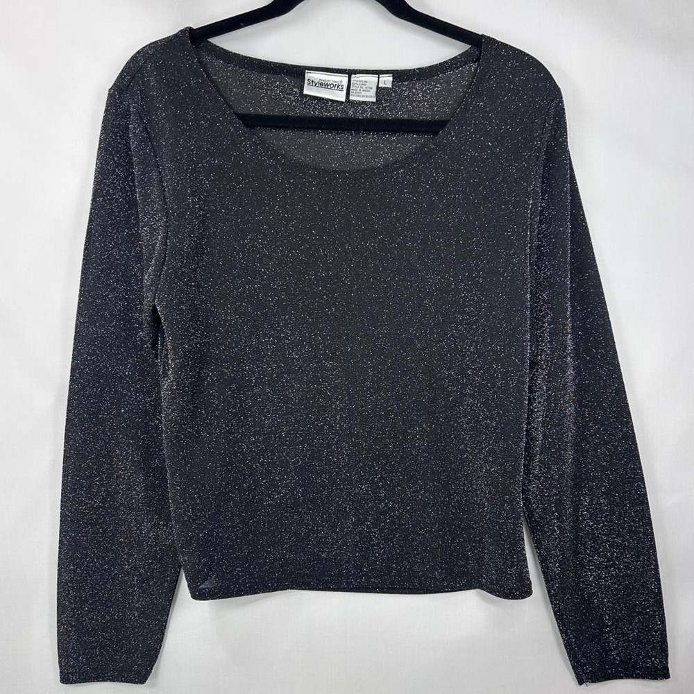 Vintage Styleworks Metallic Black Lurex Top Long Sleeve Sparkle Scoop Neck Top L